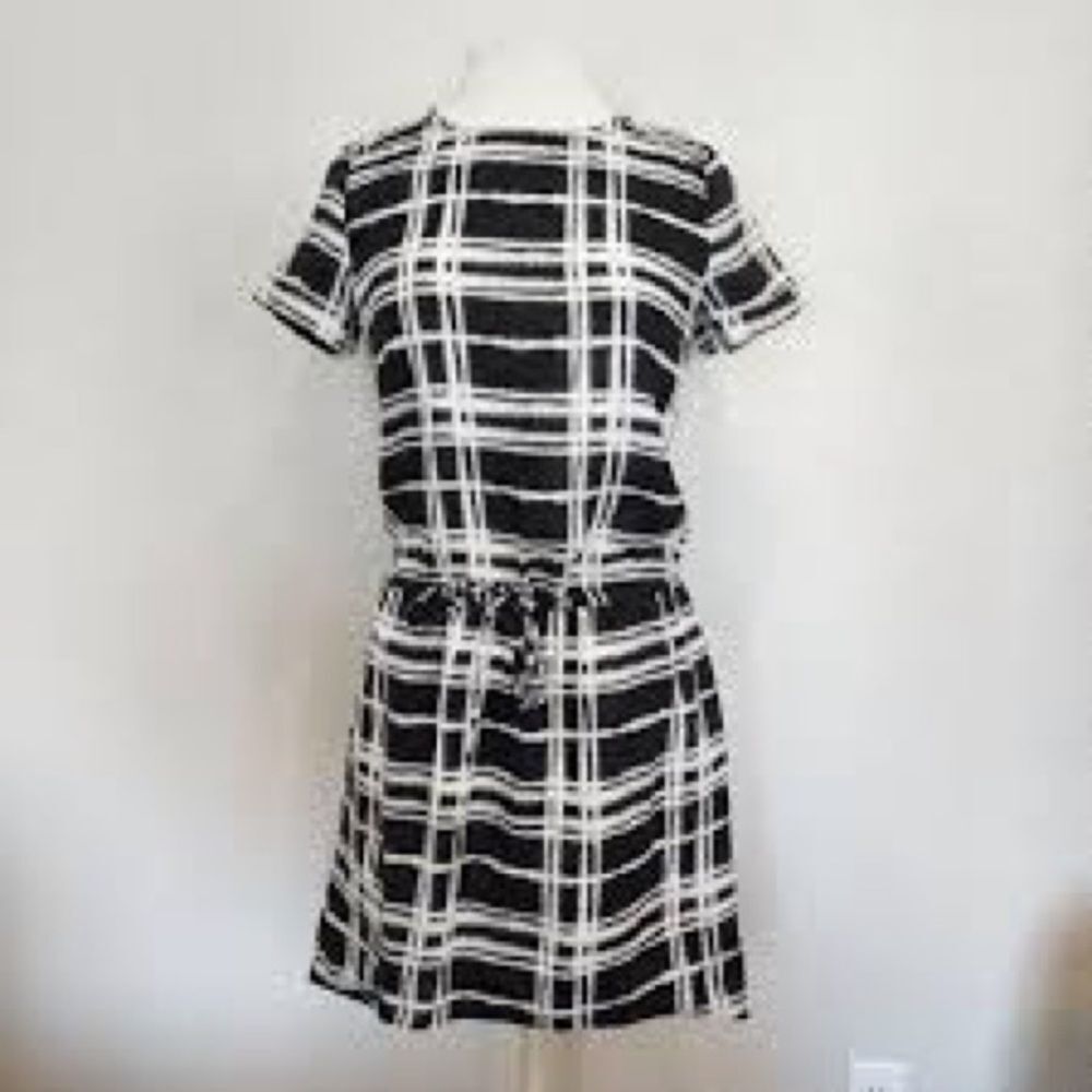 Nordstrom Black and White Plaid Mini Dress Drawstring Waist with Pockets